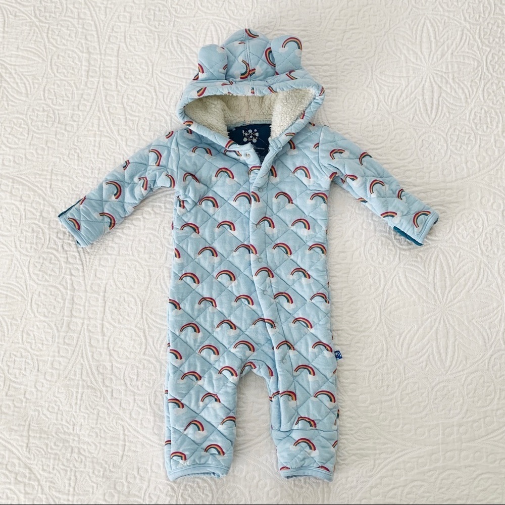 Kickee Pants Print Quilted Hoodie Coverall With Sherpa Lined Hood, Pond Rainbow